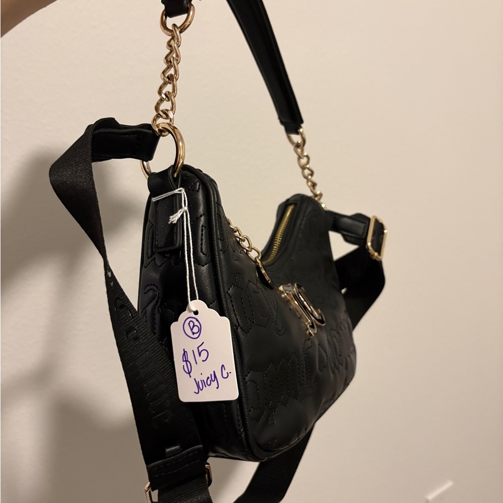 Juicy Couture Black Quilted Logo Shoulder Bag with Gold Chain